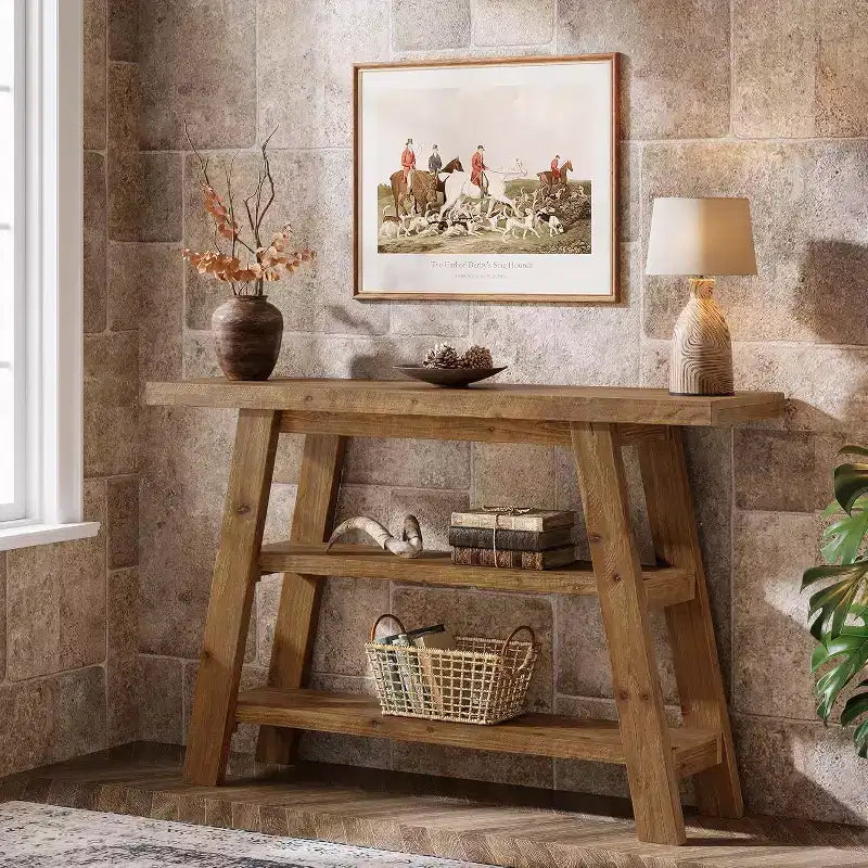 Tavolo Consolle in Legno Massello Lantine da 120 cm, Tavolo da Ingresso Rustico a 3 Ripiani con Scaffali, Tavolo d'Appoggio Stretto per Soggiorno, Corridoio