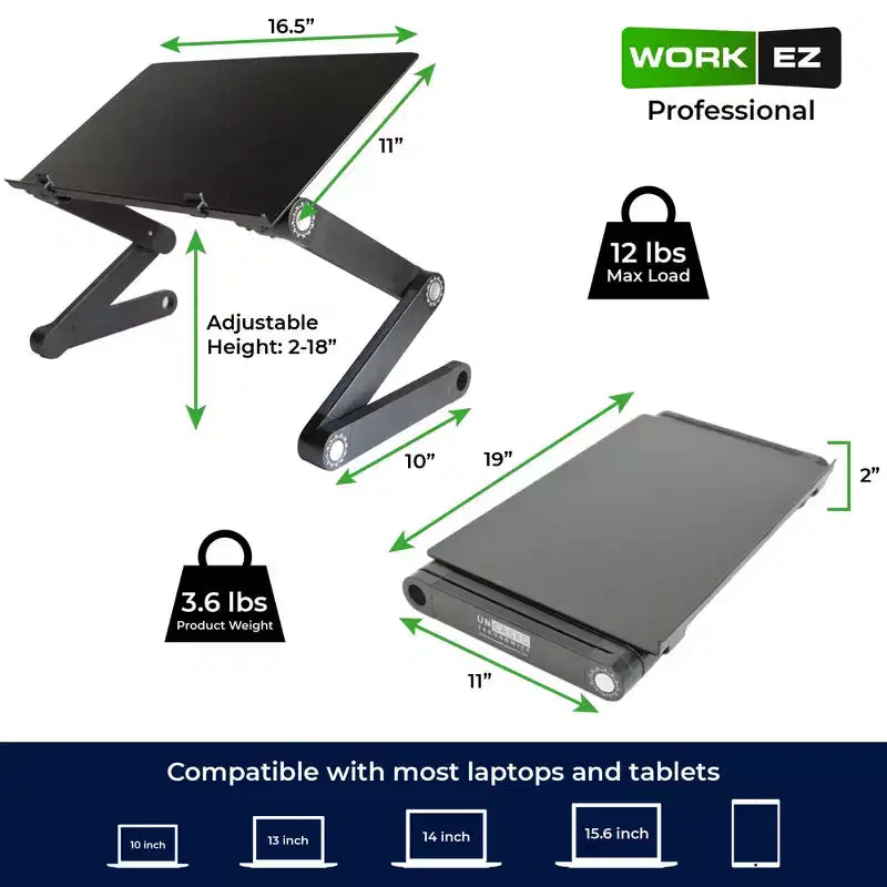 Uncaged Ergonomics WorkEZ Professional Supporto Regolabile per Laptop da Scrivania, Leggio per Letto, in Alluminio Nero, Regolabile in Altezza e Inclinazione