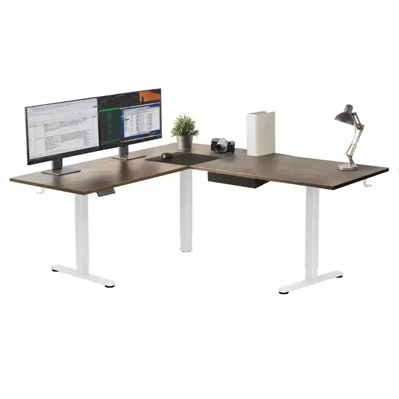 Mount-It! XL Electric Height Adjustable Corner Standing Desk, White Frame and Brown Tabletop