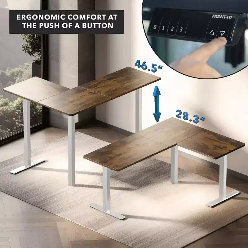 Mount-It! Scrivania ad angolo XL elettrica regolabile in altezza, Struttura bianca e Piano marrone
