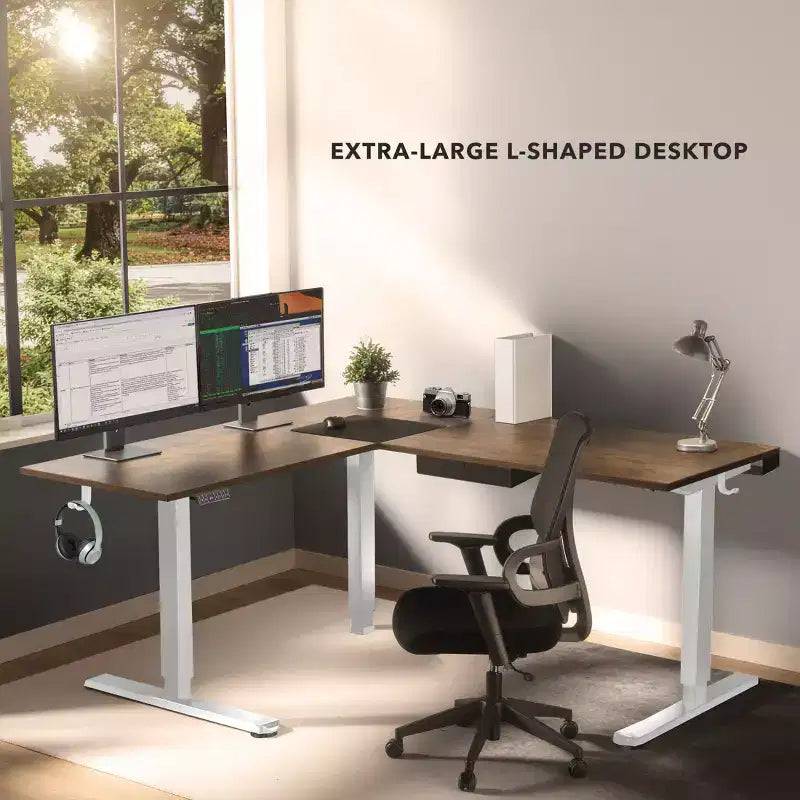 Mount-It! Scrivania ad angolo XL elettrica regolabile in altezza, Struttura bianca e Piano marrone