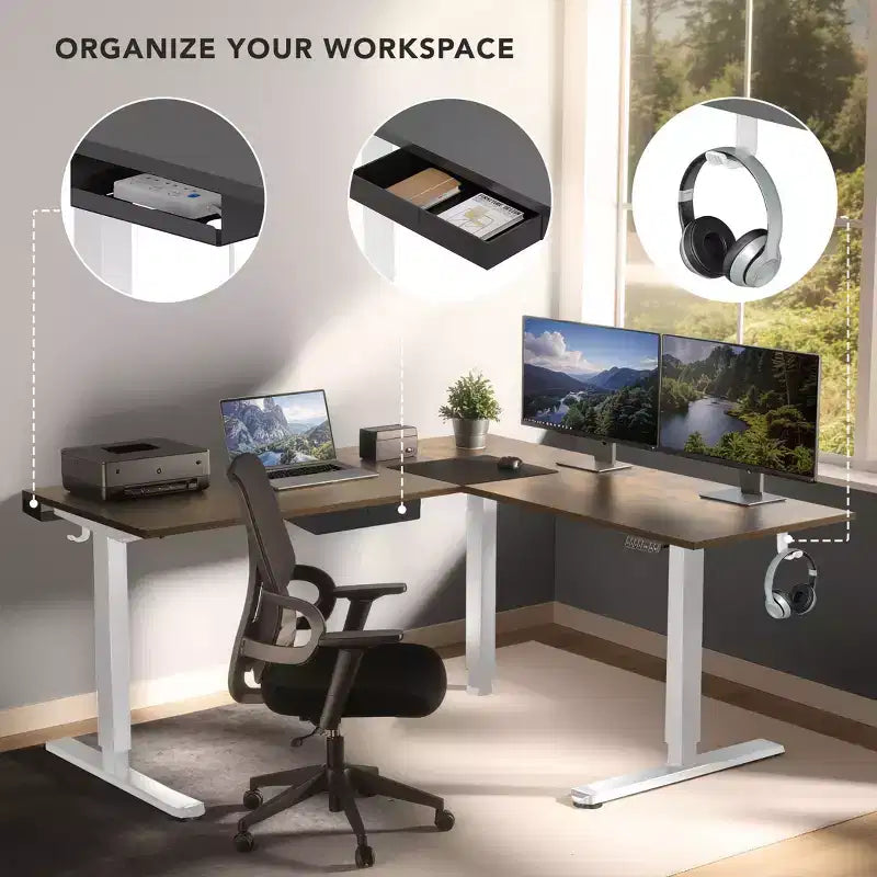 Mount-It! Scrivania ad angolo XL elettrica regolabile in altezza, Struttura bianca e Piano marrone