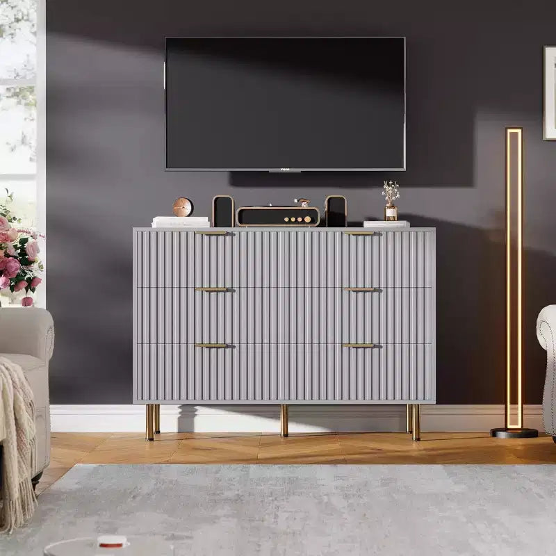 Cassettiera a 6 cassetti scanalati per camera da letto, cassettiera moderna larga 120 cm con cassetti profondi, cassettiera grande doppia, porta TV, organizer in legno
