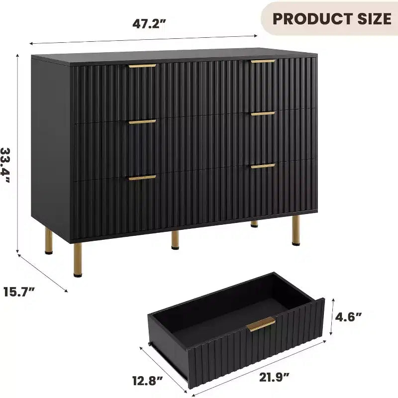 Cassettiera a 6 cassetti scanalati per camera da letto, cassettiera moderna larga 120 cm con cassetti profondi, cassettiera grande doppia, porta TV, organizer in legno