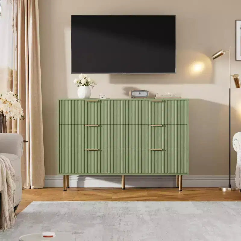 Cassettiera a 6 cassetti scanalati per camera da letto, cassettiera moderna larga 120 cm con cassetti profondi, cassettiera grande doppia, porta TV, organizer in legno