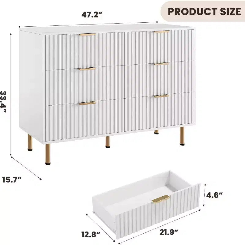 Cassettiera a 6 cassetti scanalati per camera da letto, cassettiera moderna larga 120 cm con cassetti profondi, cassettiera grande doppia, porta TV, organizer in legno