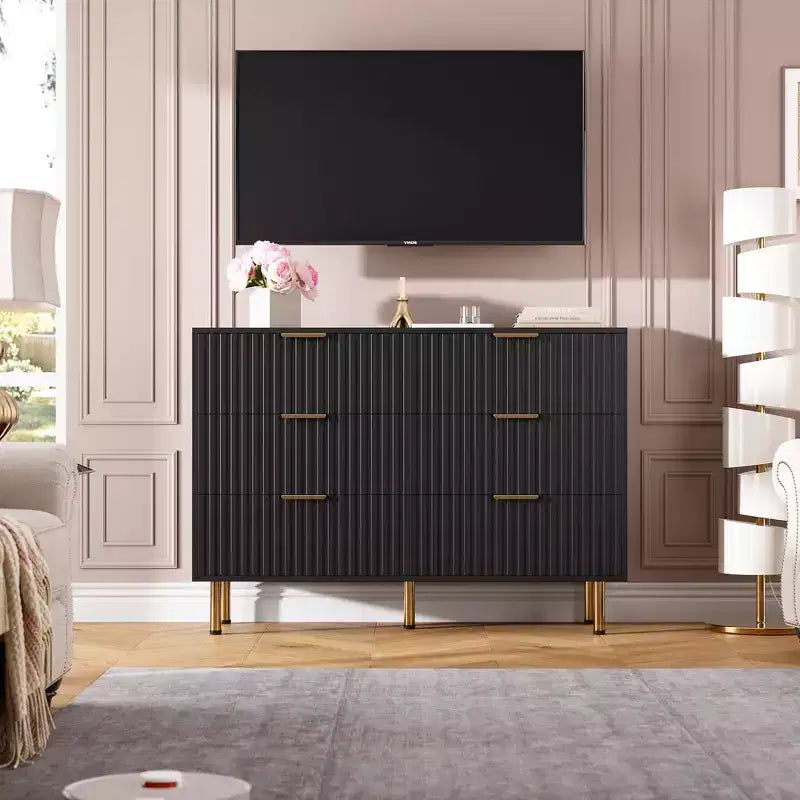 Cassettiera a 6 cassetti scanalati per camera da letto, cassettiera moderna larga 120 cm con cassetti profondi, cassettiera grande doppia, porta TV, organizer in legno