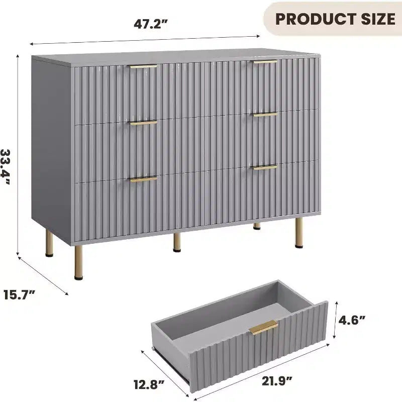 Cassettiera a 6 cassetti scanalati per camera da letto, cassettiera moderna larga 120 cm con cassetti profondi, cassettiera grande doppia, porta TV, organizer in legno
