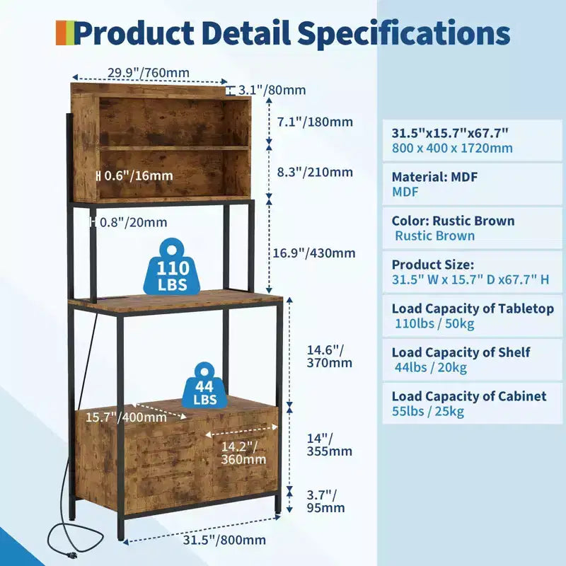 67.7 Mobiletto da Cucina a 6 Livelli Industriale con Presa di Corrente - Supporto Microonde con Ripiani e Armadietto - Organizer Autoportante