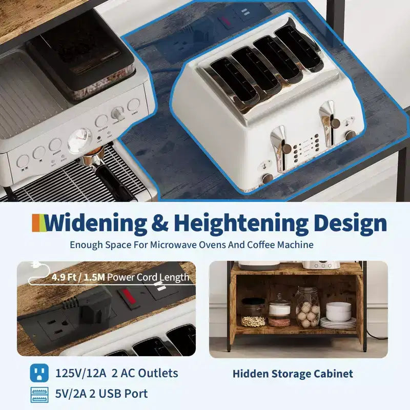 67.7 Mobiletto da Cucina a 6 Livelli Industriale con Presa di Corrente - Supporto Microonde con Ripiani e Armadietto - Organizer Autoportante