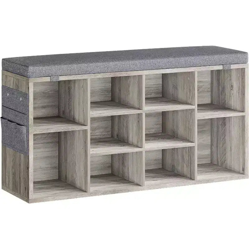 41 Shoe Bench with Padded Seat, Adjustable Shelves and Side Pockets, 10-Cube Storage Organizer for Entryway