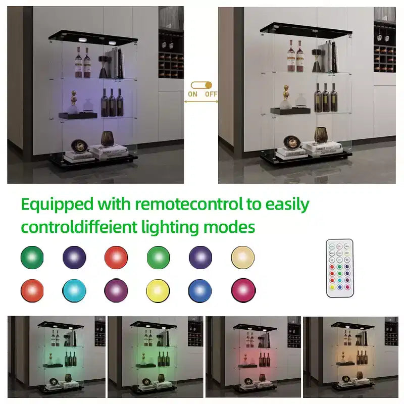 MAYEERTY Vetrinetta con Ante in Vetro Temperato, Armadietto Portavino, Armadietto per Documenti, Lampada Paipai a Batteria, Piedini Regolabili, per Soggiorno, Camera da Letto, Ufficio, Nero