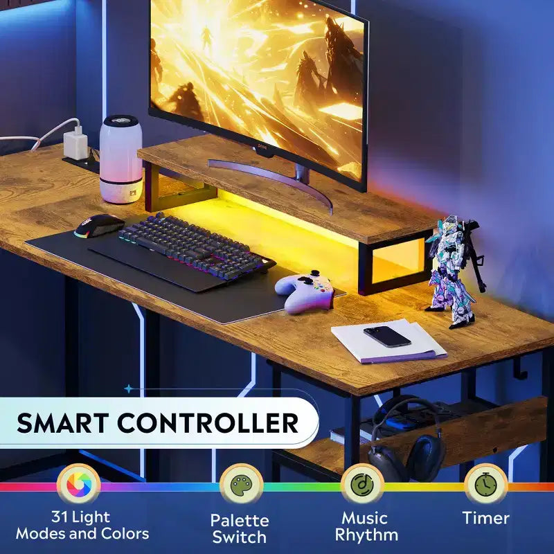 GALAXHERO Scrivania Gaming a L da 152 cm, Scrivania ad Angolo per Computer con Contenitore, Prese di Corrente e Luci LED, Scrivania per Ufficio/Gaming per Camera da Letto