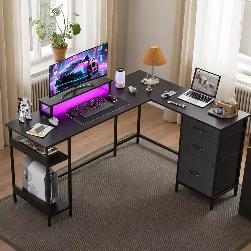 GALAXHERO Scrivania Gaming a L da 152 cm, Scrivania ad Angolo per Computer con Contenitore, Prese di Corrente e Luci LED, Scrivania per Ufficio/Gaming per Camera da Letto
