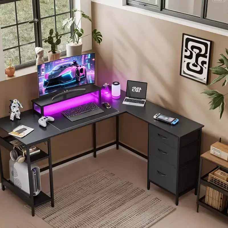 GALAXHERO Scrivania Gaming a L da 152 cm, Scrivania ad Angolo per Computer con Contenitore, Prese di Corrente e Luci LED, Scrivania per Ufficio/Gaming per Camera da Letto