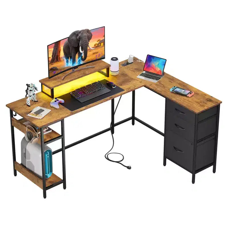 GALAXHERO Scrivania Gaming a L da 152 cm, Scrivania ad Angolo per Computer con Contenitore, Prese di Corrente e Luci LED, Scrivania per Ufficio/Gaming per Camera da Letto