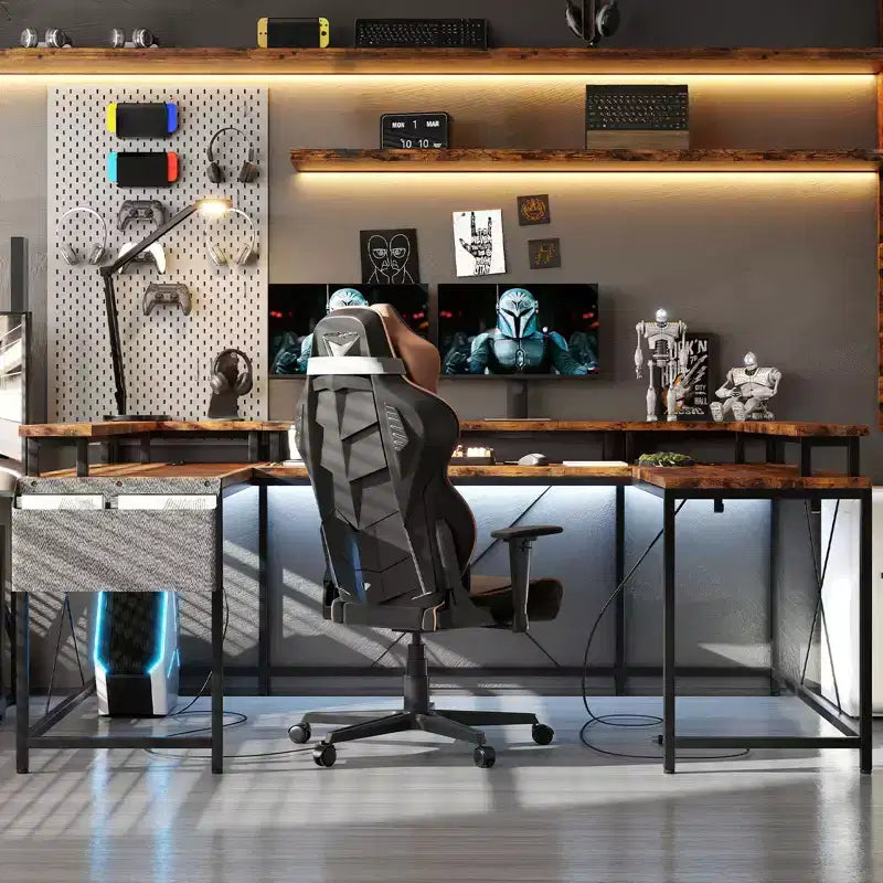 COZONY Scrivania da gaming a forma di U/L da 78 pollici, scrivania per computer reversibile con prese di corrente, luci LED, supporto monitor e ripiano portaoggetti, scrivania angolare per ufficio domestico