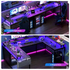 COZONY Scrivania da gaming a forma di U/L da 78 pollici, scrivania per computer reversibile con prese di corrente, luci LED, supporto monitor e ripiano portaoggetti, scrivania angolare per ufficio domestico