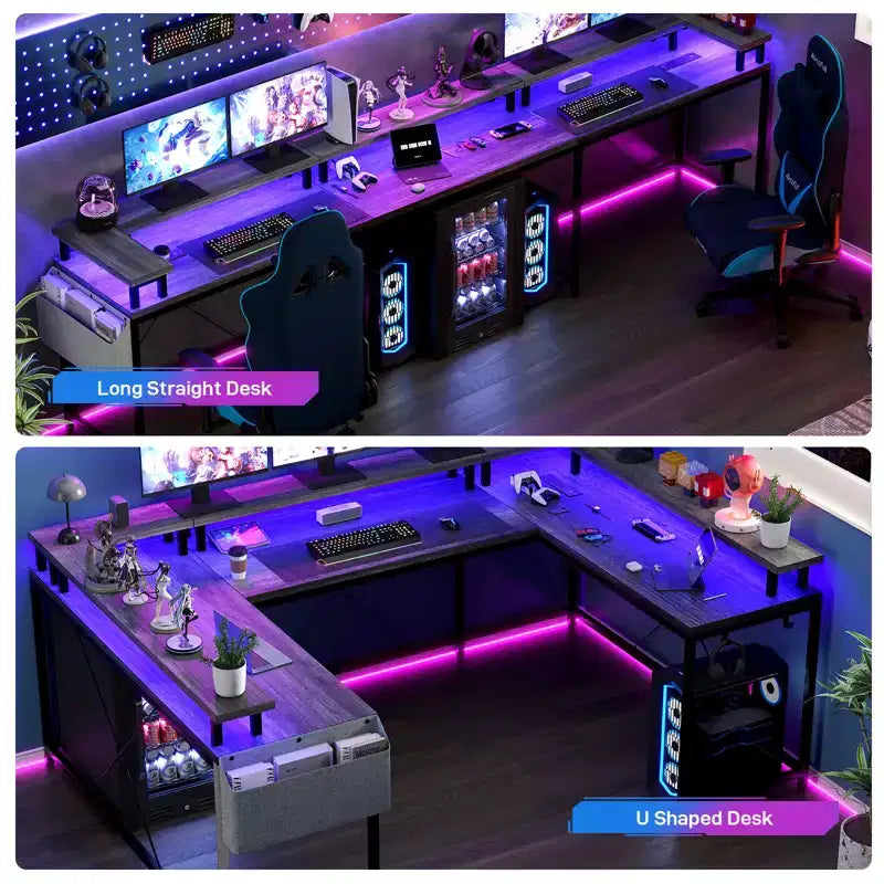 COZONY Scrivania da gaming a forma di U/L da 78 pollici, scrivania per computer reversibile con prese di corrente, luci LED, supporto monitor e ripiano portaoggetti, scrivania angolare per ufficio domestico