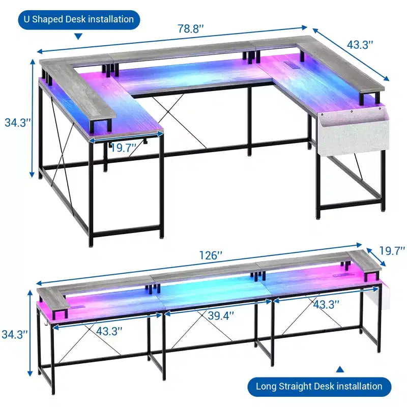 COZONY Scrivania da gaming a forma di U/L da 78 pollici, scrivania per computer reversibile con prese di corrente, luci LED, supporto monitor e ripiano portaoggetti, scrivania angolare per ufficio domestico