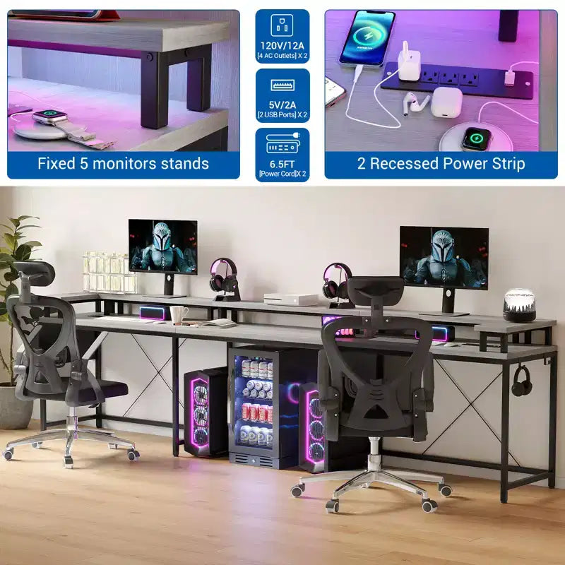 COZONY Scrivania da gaming a forma di U/L da 78 pollici, scrivania per computer reversibile con prese di corrente, luci LED, supporto monitor e ripiano portaoggetti, scrivania angolare per ufficio domestico