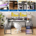 COZONY Scrivania da gaming a forma di U/L da 78 pollici, scrivania per computer reversibile con prese di corrente, luci LED, supporto monitor e ripiano portaoggetti, scrivania angolare per ufficio domestico