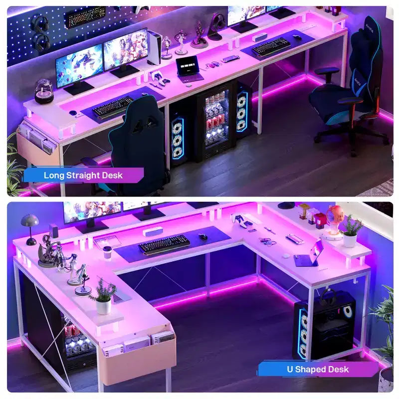 COZONY Scrivania da gaming a forma di U/L da 78 pollici, scrivania per computer reversibile con prese di corrente, luci LED, supporto monitor e ripiano portaoggetti, scrivania angolare per ufficio domestico