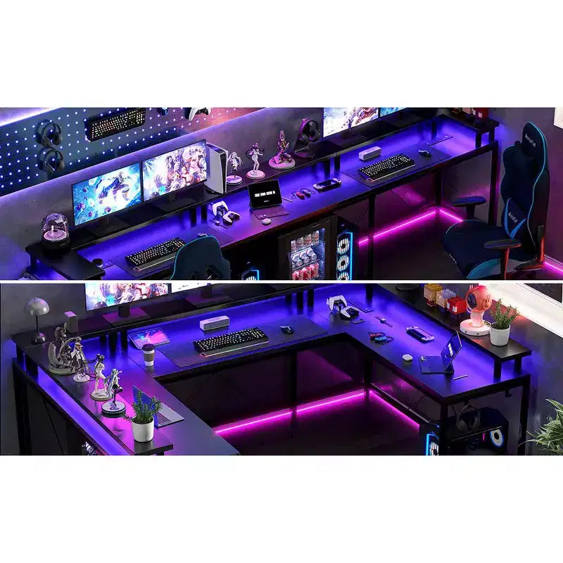 COZONY Scrivania da gaming a forma di U/L da 78 pollici, scrivania per computer reversibile con prese di corrente, luci LED, supporto monitor e ripiano portaoggetti, scrivania angolare per ufficio domestico