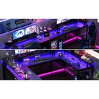 COZONY Scrivania da gaming a forma di U/L da 78 pollici, scrivania per computer reversibile con prese di corrente, luci LED, supporto monitor e ripiano portaoggetti, scrivania angolare per ufficio domestico