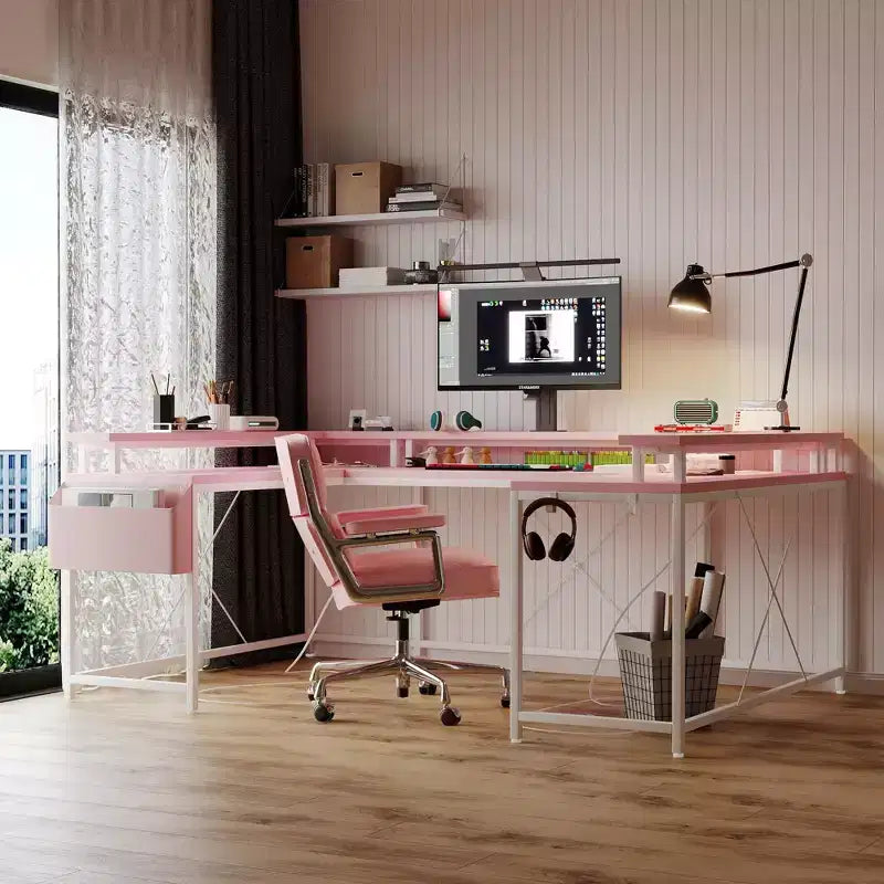 COZONY Scrivania da gaming a forma di U/L da 78 pollici, scrivania per computer reversibile con prese di corrente, luci LED, supporto monitor e ripiano portaoggetti, scrivania angolare per ufficio domestico
