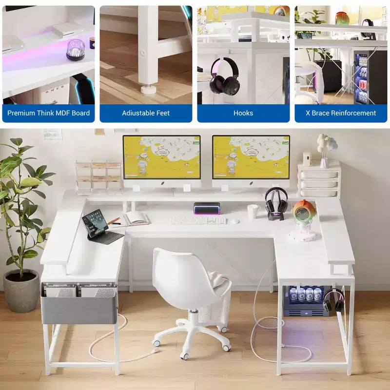 COZONY Scrivania da gaming a forma di U/L da 78 pollici, scrivania per computer reversibile con prese di corrente, luci LED, supporto monitor e ripiano portaoggetti, scrivania angolare per ufficio domestico