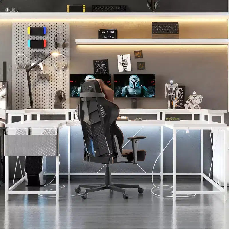 COZONY Scrivania da gaming a forma di U/L da 78 pollici, scrivania per computer reversibile con prese di corrente, luci LED, supporto monitor e ripiano portaoggetti, scrivania angolare per ufficio domestico