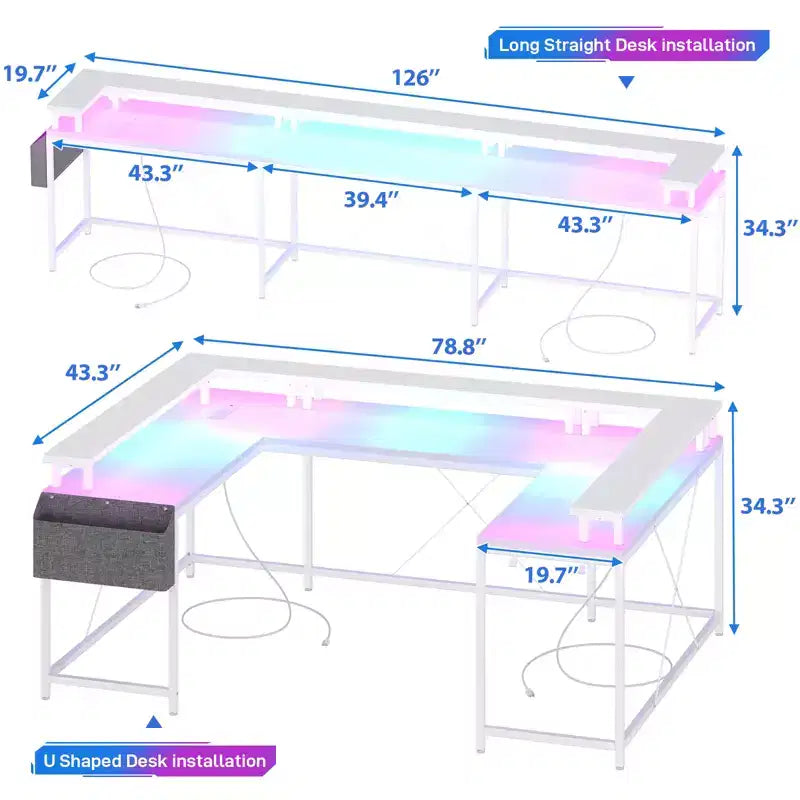 COZONY Scrivania da gaming a forma di U/L da 78 pollici, scrivania per computer reversibile con prese di corrente, luci LED, supporto monitor e ripiano portaoggetti, scrivania angolare per ufficio domestico