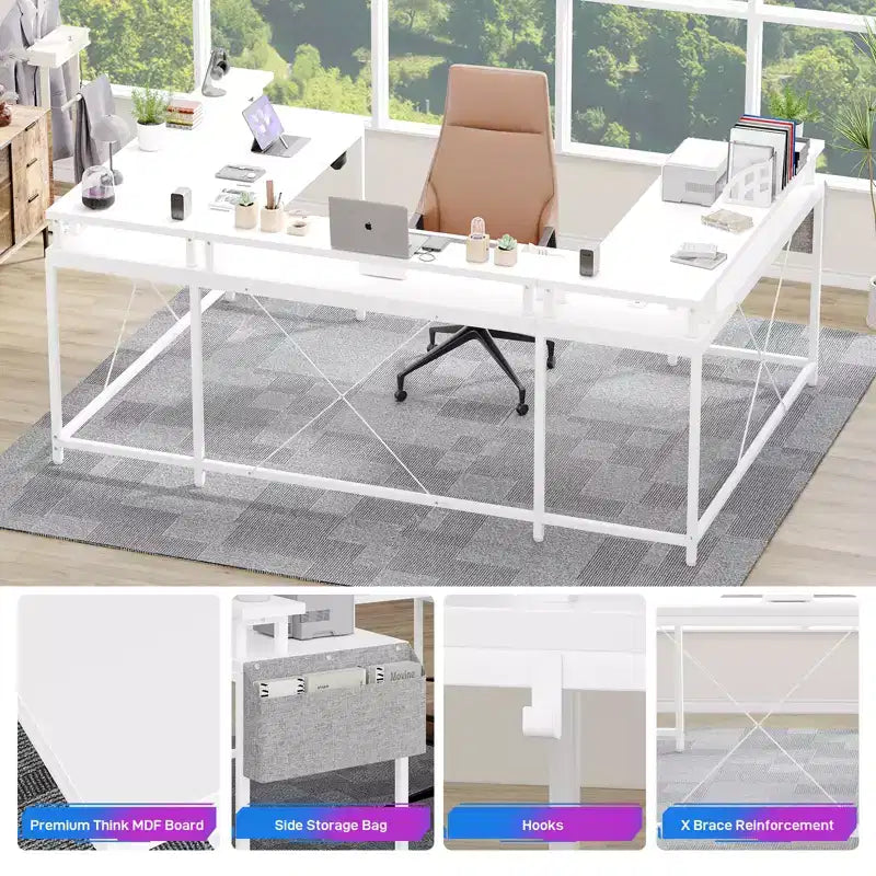 COZONY Scrivania da gaming a forma di U/L da 78 pollici, scrivania per computer reversibile con prese di corrente, luci LED, supporto monitor e ripiano portaoggetti, scrivania angolare per ufficio domestico