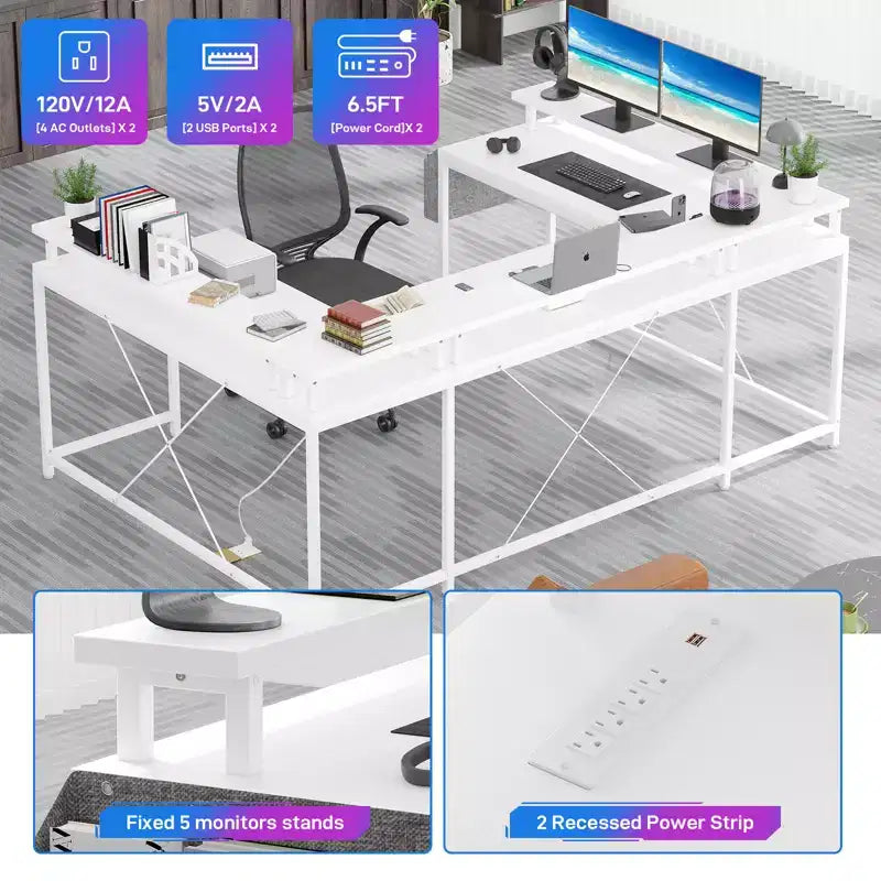 COZONY Scrivania da gaming a forma di U/L da 78 pollici, scrivania per computer reversibile con prese di corrente, luci LED, supporto monitor e ripiano portaoggetti, scrivania angolare per ufficio domestico