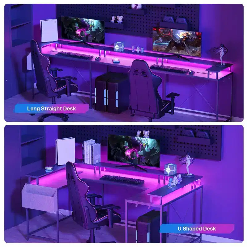 COZONY Scrivania da gaming a forma di U/L da 78 pollici, scrivania per computer reversibile con prese di corrente, luci LED, supporto monitor e ripiano portaoggetti, scrivania angolare per ufficio domestico