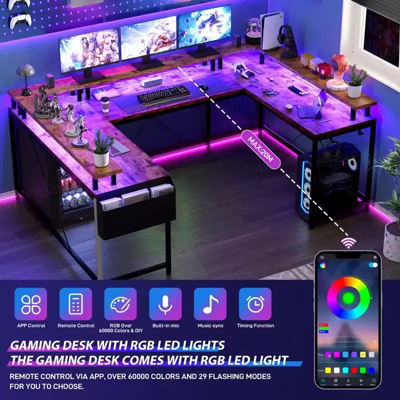 COZONY Scrivania da gaming a forma di U/L da 78 pollici, scrivania per computer reversibile con prese di corrente, luci LED, supporto monitor e ripiano portaoggetti, scrivania angolare per ufficio domestico