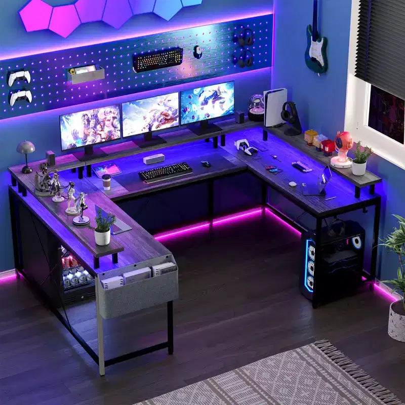 COZONY Scrivania da gaming a forma di U/L da 78 pollici, scrivania per computer reversibile con prese di corrente, luci LED, supporto monitor e ripiano portaoggetti, scrivania angolare per ufficio domestico