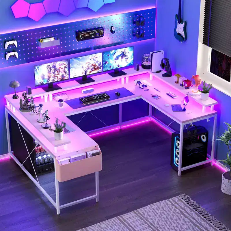 COZONY Scrivania da gaming a forma di U/L da 78 pollici, scrivania per computer reversibile con prese di corrente, luci LED, supporto monitor e ripiano portaoggetti, scrivania angolare per ufficio domestico