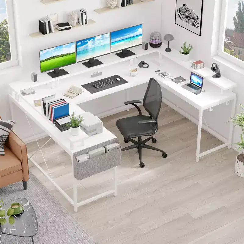 COZONY Scrivania da gaming a forma di U/L da 78 pollici, scrivania per computer reversibile con prese di corrente, luci LED, supporto monitor e ripiano portaoggetti, scrivania angolare per ufficio domestico