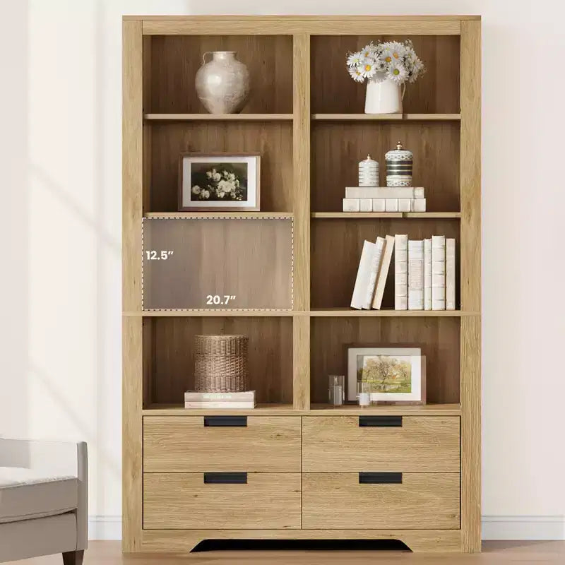 Libreria alta 183 cm con contenitore, libreria a pavimento stile farmhouse, libreria con 4 cassetti, scaffali espositivi autoportanti