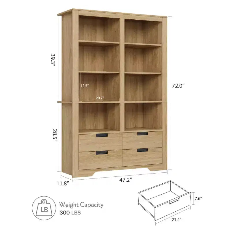 Libreria alta 183 cm con contenitore, libreria a pavimento stile farmhouse, libreria con 4 cassetti, scaffali espositivi autoportanti
