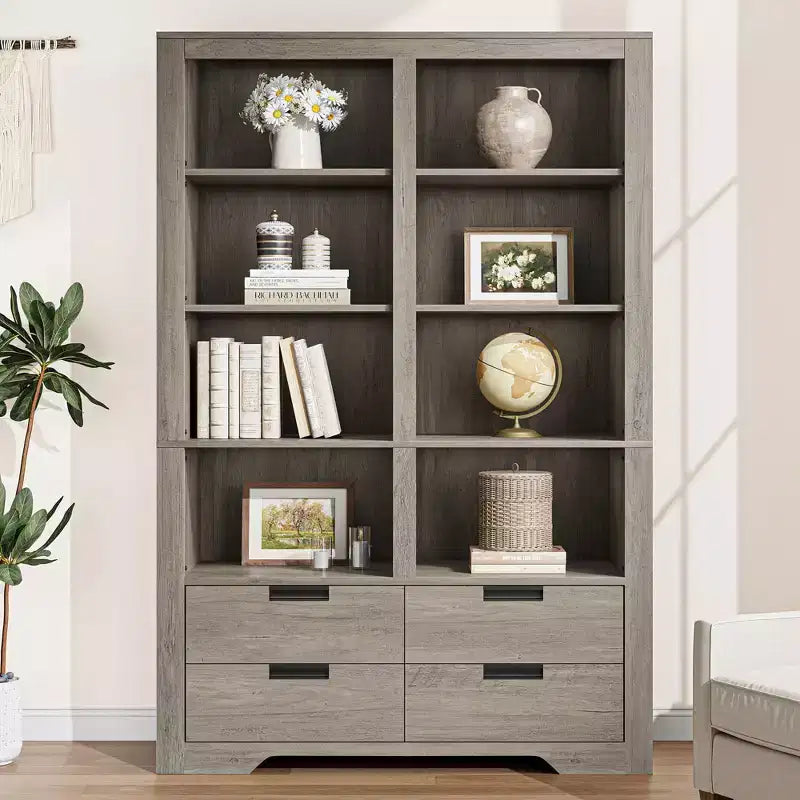 Libreria alta 183 cm con contenitore, libreria a pavimento stile farmhouse, libreria con 4 cassetti, scaffali espositivi autoportanti