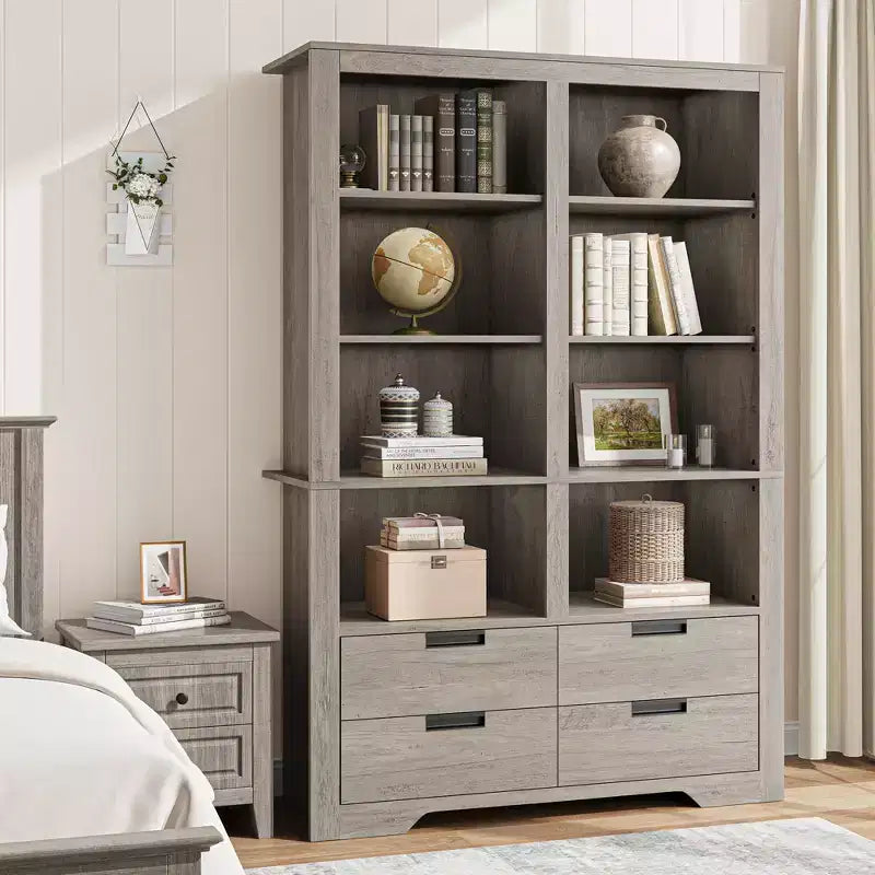 Libreria alta 183 cm con contenitore, libreria a pavimento stile farmhouse, libreria con 4 cassetti, scaffali espositivi autoportanti