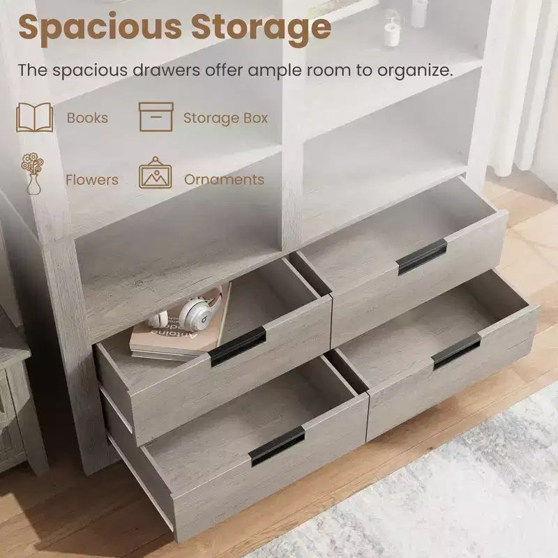 Libreria alta 183 cm con contenitore, libreria a pavimento stile farmhouse, libreria con 4 cassetti, scaffali espositivi autoportanti