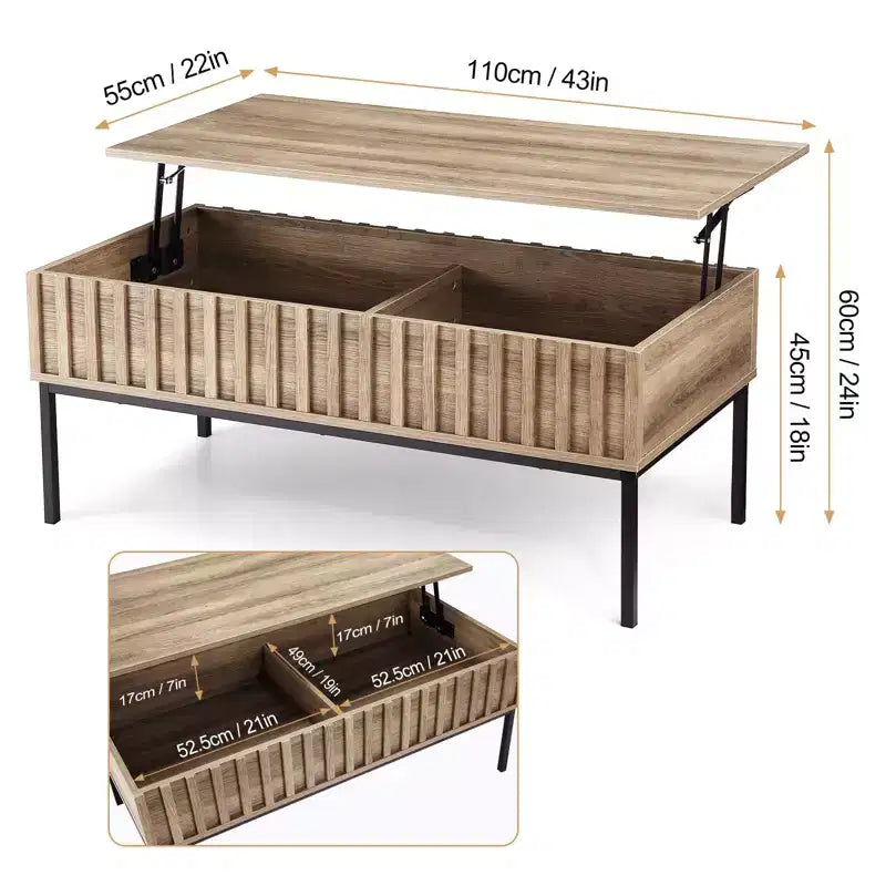 Tavolino da caffè GustoWave con piano sollevabile, tavolino centrale moderno in legno scanalato per soggiorno, colore Teak