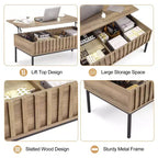 Tavolino da caffè GustoWave con piano sollevabile, tavolino centrale moderno in legno scanalato per soggiorno, colore Teak