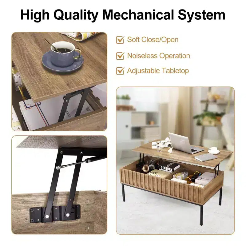 Tavolino da caffè GustoWave con piano sollevabile, tavolino centrale moderno in legno scanalato per soggiorno, colore Teak