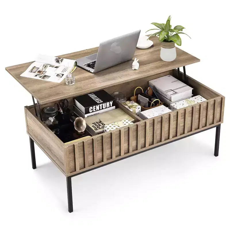 Tavolino da caffè GustoWave con piano sollevabile, tavolino centrale moderno in legno scanalato per soggiorno, colore Teak