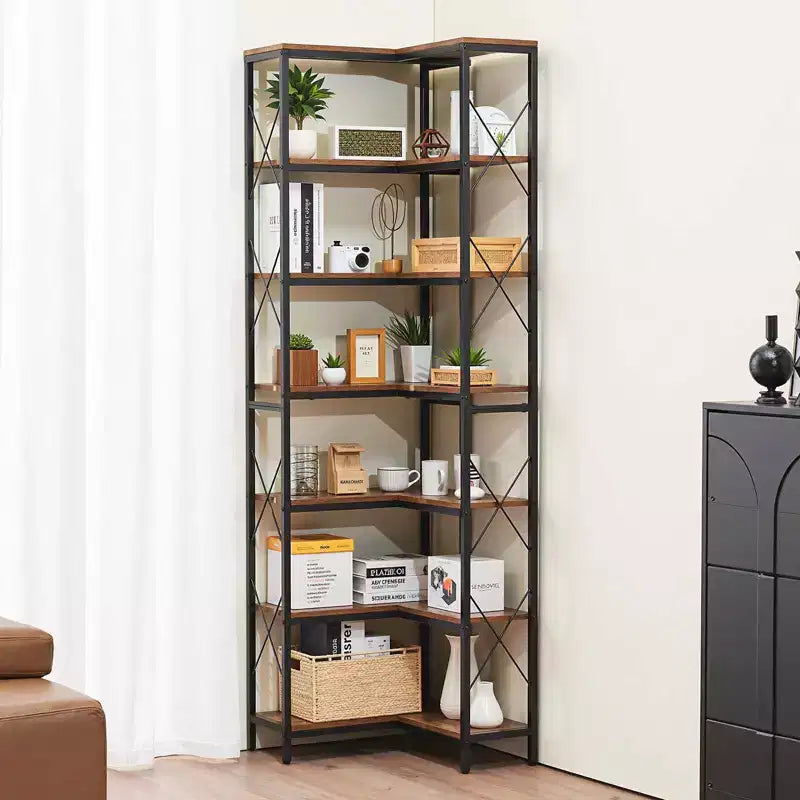 VEVOR Scaffale ad Angolo a 7 Livelli, Libreria ad Angolo Alta 79" con Telaio in Metallo Resistente e Ripiani in Legno, Nera